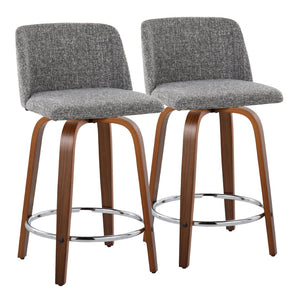 English Elm Toriano 24" Mid-Century Modern Counter Stool Set Of 2 With Swivel, Walnut Wood & Grey Fabric Comfort B202S00114-GIGA