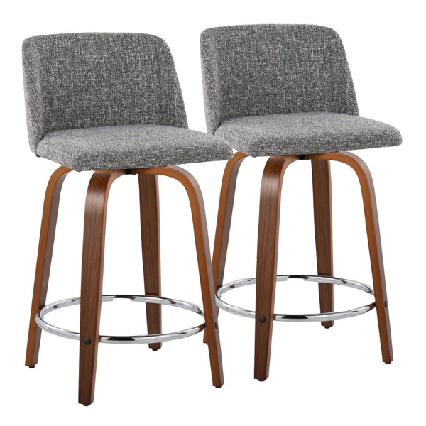 English Elm Toriano 24" Mid-Century Modern Counter Stool Set Of 2 With Swivel, Walnut Wood & Grey Fabric Comfort B202S00114-GIGA