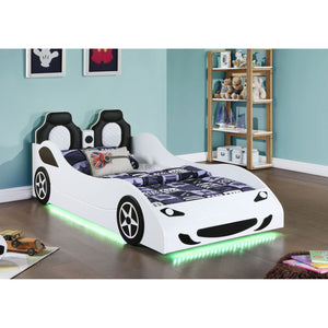 English Elm Solana Race Car Twin Bed with LED Underglow Lights, Padded Headboard, White Wood, Playful Design B062S01109