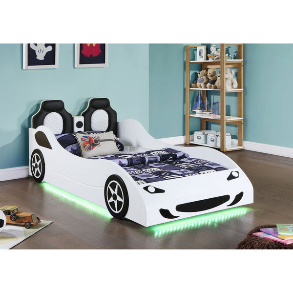 English Elm Solana Race Car Twin Bed with LED Underglow Lights, Padded Headboard, White Wood, Playful Design B062S01109
