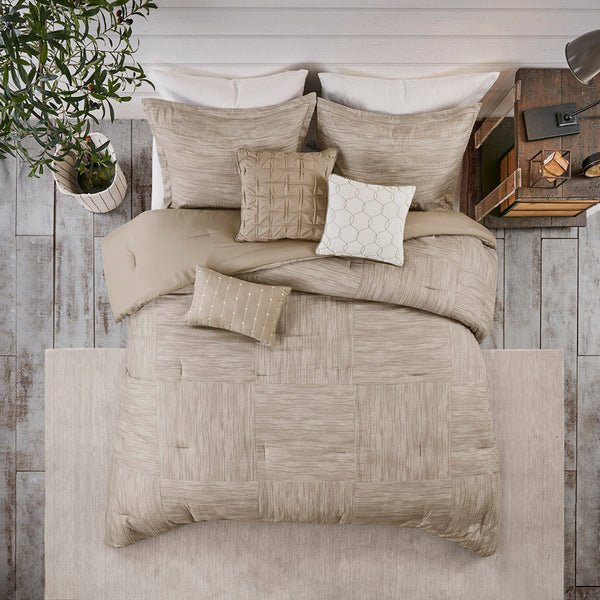 JLA Home Madison Park - 7 Seersucker Comforter Set with Embroidered Tufted Pillows & Bedskirt, Hypoallergenic, Machine Washable Taupe MP10-7085