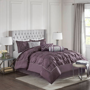 JLA Home Madison Park - 7 Tufted Comforter Set with Textured Pieced Panels for Durable Softness and Effortless Bedroom Style Plum MP10-254
