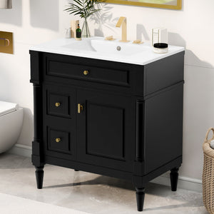 English Elm 30" Freestanding Bathroom Vanity Rubberwood Frame Ceramic Sink Flip Drawer Storage Black N725P356062B