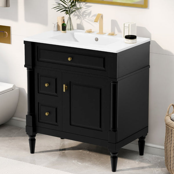 English Elm 30" Freestanding Bathroom Vanity Rubberwood Frame Ceramic Sink Flip Drawer Storage Black N725P356062B