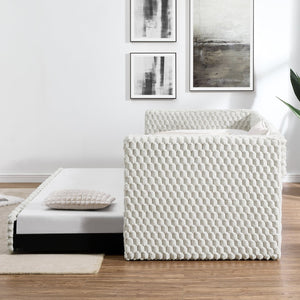 English Elm Twin Upholstered Daybed Sofa with Pull-Out Trundle, Plaid Corduroy Modern Style, Easy Assemble Beige W487S00323