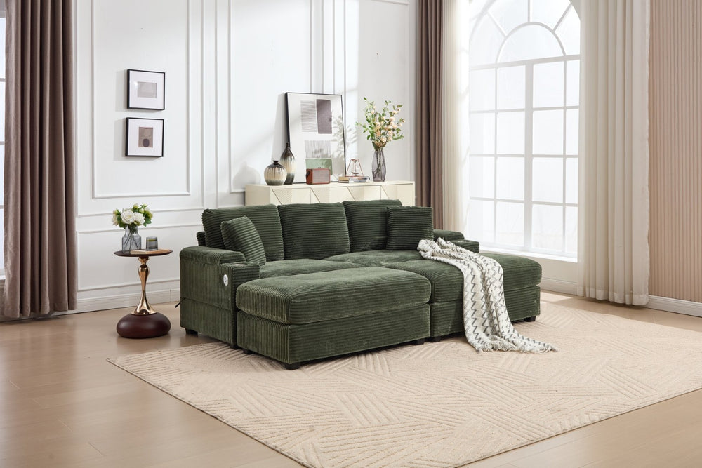 English Elm combination Modular Corduroy Sectional with Usb Charging Deep Foam Seats Green W2120S00013