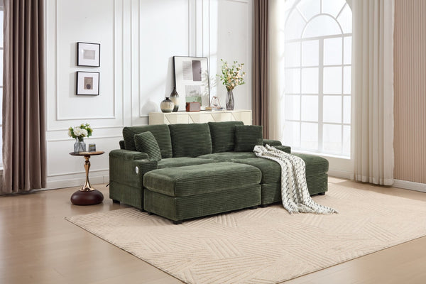 English Elm combination Modular Corduroy Sectional with Usb Charging Deep Foam Seats Green W2120S00013