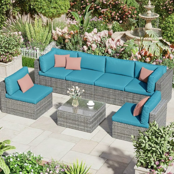 English Elm 7-piece Outdoor Modular Sectional Pe Wicker Patio Set with Tempered Glass Coffee Table Grey+Blue B082S00064