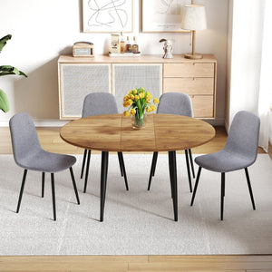 English Elm Table Extendable Round-To-Oval Mdf Dining Set With 4 Light Gray Linen-Cotton Chairs For Gatherings W1151S04142-GIGA