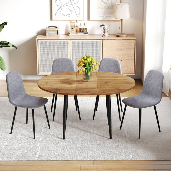 English Elm Table Extendable Round-To-Oval Mdf Dining Set With 4 Light Gray Linen-Cotton Chairs For Gatherings W1151S04142-GIGA