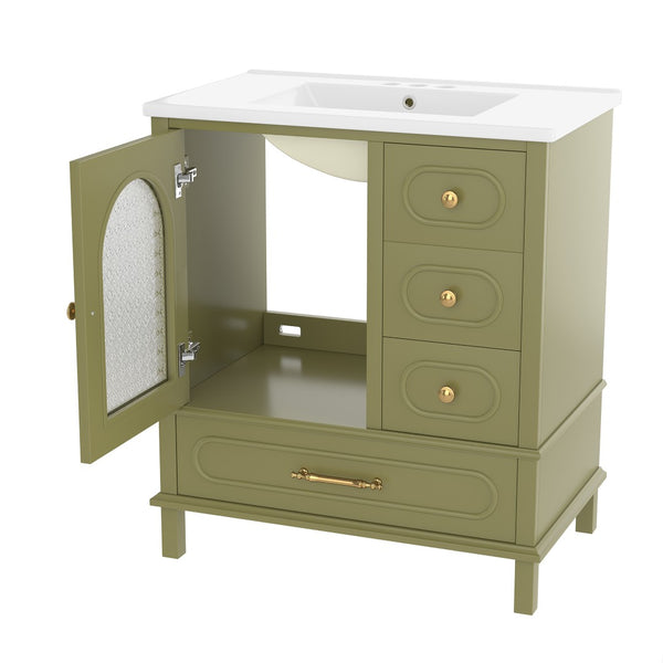 English Elm 30" Freestanding Bathroom Vanity Solid Wood Cabinet Ceramic Basin 3 Drawer Storage Green W1580P382512