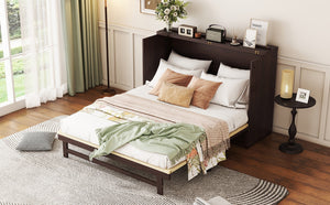 English Elm Queen Size Murphy Bed - Elegant Pine Cabinet With Rattan Accents, Espresso Finish & Storage Drawer W504S00230-GIGA