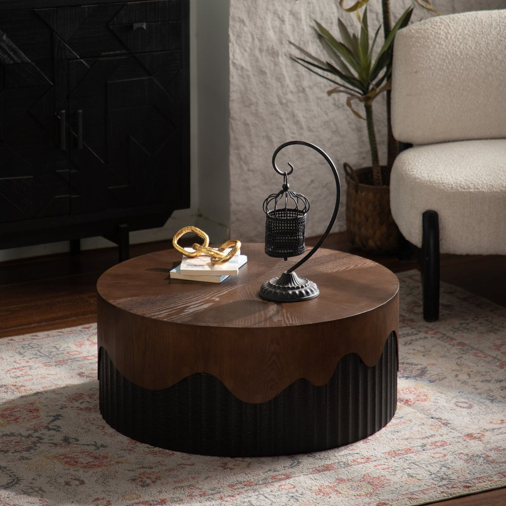 English Elm 30.31" Round Coffee Table Solid Wood & MDF Handcrafted Bark Veneer Top Sturdy Pedestal No Assembly, Black Walnut Finish Elegance for Living Room W3081P357841