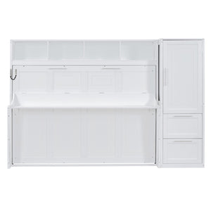 English Elm Queen Murphy Wall Bed with Integrated Wardrobe and Drawers for Studio or Guest Room White LP000793AAK-3