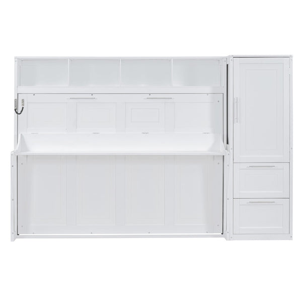 English Elm Queen Murphy Wall Bed with Integrated Wardrobe and Drawers for Studio or Guest Room White LP000793AAK-2