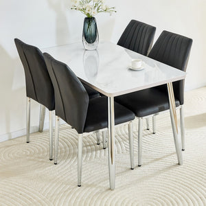 English Elm Table and Chair Set Marble Glass Top with Silver Legs Four Seat Dining Vignette W1151S04640