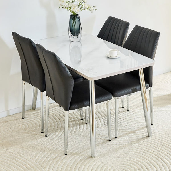 English Elm Table and Chair Set Marble Glass Top with Silver Legs Four Seat Dining Vignette W1151S04640