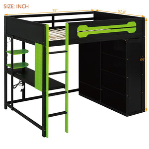 English Elm Full Size Gaming Loft Bed with Rgb Lighting Integrated Desk and Open Wardrobe Green N820S00073F