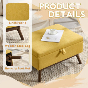 English Elm Mid-century square storage bench with solid wood frame, microfiber upholstery, versatile ottoman seat and tabletop functionality for living room and entryway appeal Yellow W1539P269657