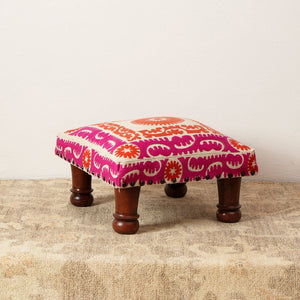 English Elm Decorative Handcrafted Suzani Embroidered Foot Stool with Foam Filling and Dark Wood Finish Accent Pink B346P320660
