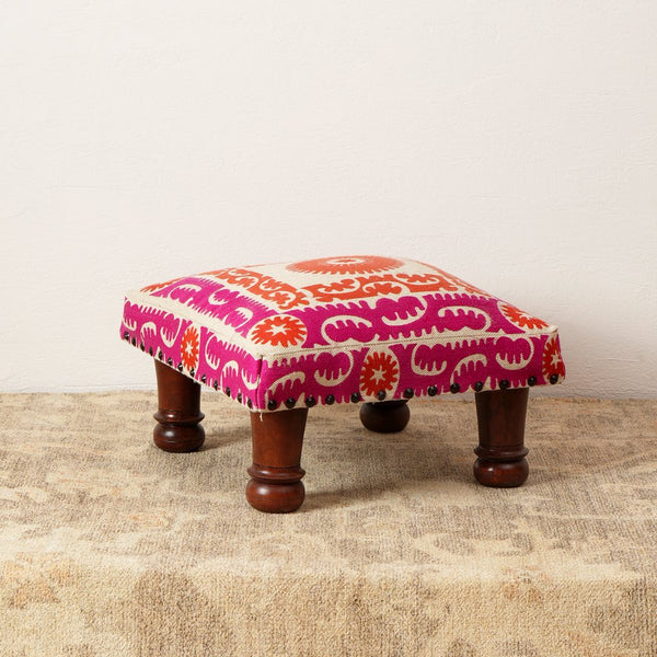 English Elm Decorative Handcrafted Suzani Embroidered Foot Stool with Foam Filling and Dark Wood Finish Accent Pink B346P320660