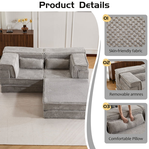 English Elm Compression Modular Floor Sofa Bed - Versatile, Soft Circle Fleece 2-Seater With Ottoman, No Tools Needed! W3723S00028