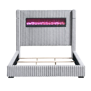 English Elm Luxury Queen Wingback Bed Gray Corduroy Upholstered with Fireplace and Speaker B011P484441