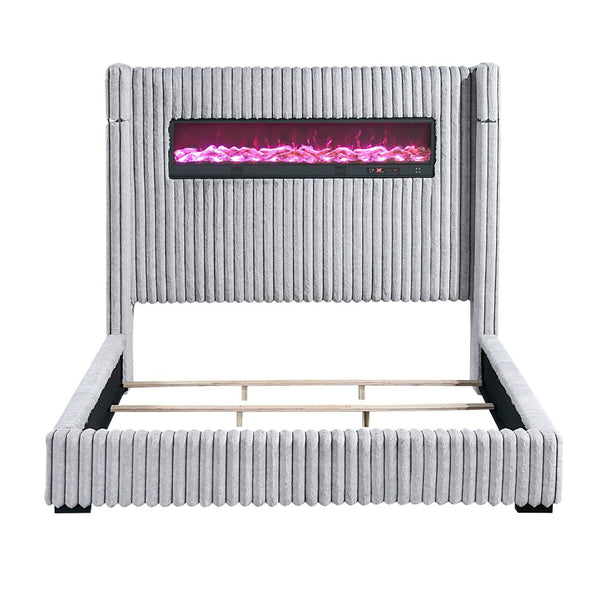 English Elm Luxury Queen Wingback Bed Gray Corduroy Upholstered with Fireplace and Speaker B011P484441