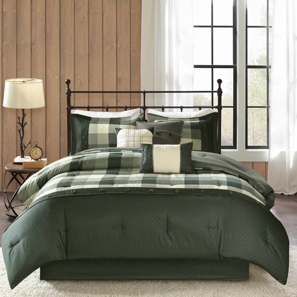 JLA Home Madison Park - 7 Herringbone Comforter Ensemble with Buffalo Plaid, 7-Piece Lodge Set with Pillows & Bed Skirt 90 L x 90 W x 1.5H MP10-4676