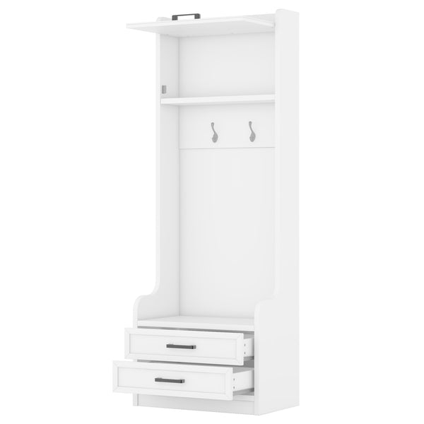 English Elm 4-in-1 Hall Tree with Bench, 7 Hooks, 2 Cabinets & 4 Drawers for Entryway Storage and Seating White W1580S00090