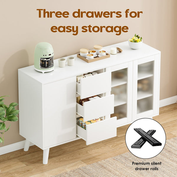 English Elm Farmhouse Buffet Cabinet with Pop-Up Doors and 3 Drawers — Rustic 55.5" Sideboard for Dining Room White T3623P408444