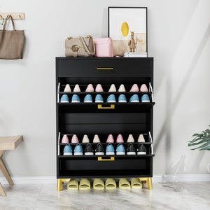 English Elm Shoe Storage Cabinet with Slim Footprint and 2 Flip Drawers, Durable MDF & Metal Organizer for Entryway Black W578124377