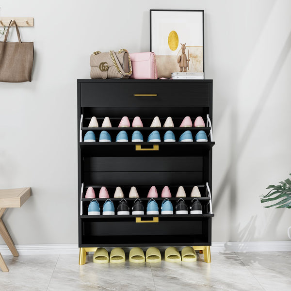 English Elm Shoe Storage Cabinet with Slim Footprint and 2 Flip Drawers, Durable MDF & Metal Organizer for Entryway Black W578124377