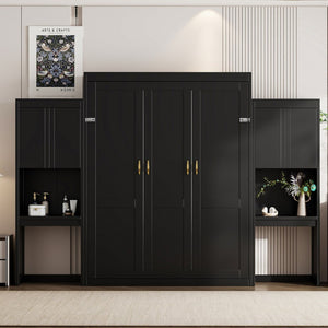 English Elm Queen Wall Bed with Integrated Desk Vanity and Cabinet Storage for Studio Rooms Espresso N820S10057P-1