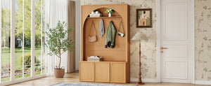 English Elm On-trend Farmhouse Hall Tree Arched Cabinet Storage Bench with Golden Hooks Mudroom Natural N721S000080D