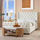 English Elm Geneva Curved Wing Upholstered Platform Bed Frame, Queen, Antique White Polyester