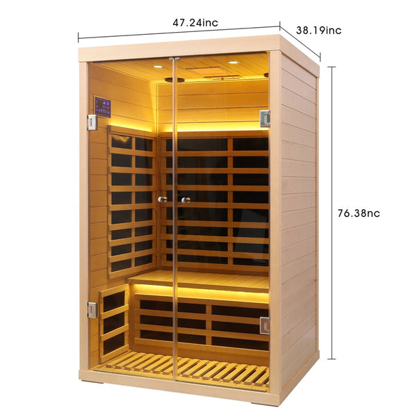 English Elm Low Emf Two Person Hemlock Far Infrared Sauna with Double Glass Doors and Bluetooth W632S00022