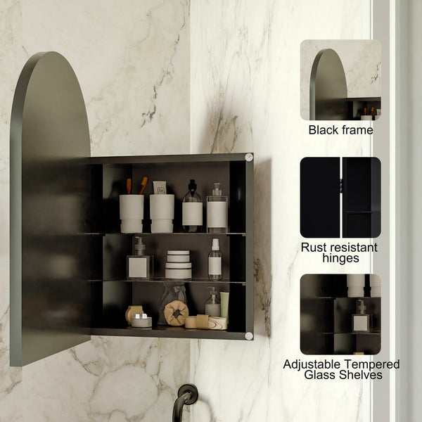 English Elm 18x24 Metal Corner Medicine Cabinet with Arched Mirror, Adjustable Glass Shelves, Moisture-Proof Organizer Black W1435P312260