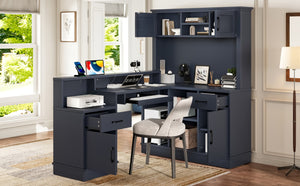 English Elm L-shaped Corner Computer Desk with Built-in Outlets Drawers and Open Shelving Storage W1580S00270