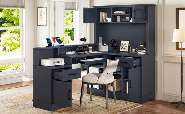 English Elm L-shaped Corner Computer Desk with Built-in Outlets Drawers and Open Shelving Storage W1580S00270