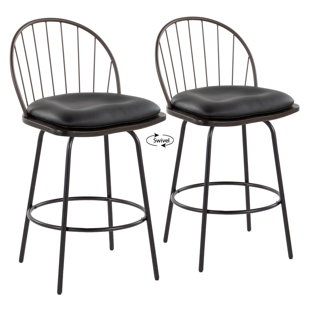 English Elm Riley Farmhouse 26" Fixed-Height Counter Stool with 360° Swivel, Faux Leather Seat & Metal Footrest (Set of 2) Brown B202S00372