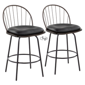 English Elm Riley Farmhouse 26" Fixed-Height Counter Stool with 360° Swivel, Faux Leather Seat & Metal Footrest (Set of 2) Brown B202S00372