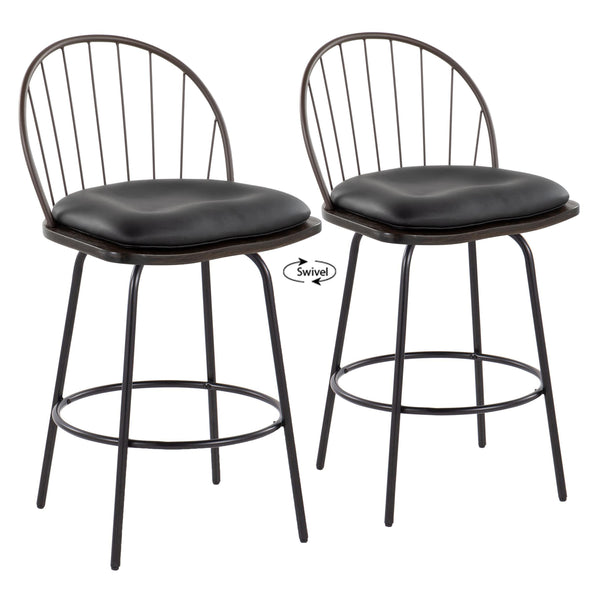 English Elm Riley Farmhouse 26" Fixed-Height Counter Stool with 360° Swivel, Faux Leather Seat & Metal Footrest (Set of 2) Brown B202S00372