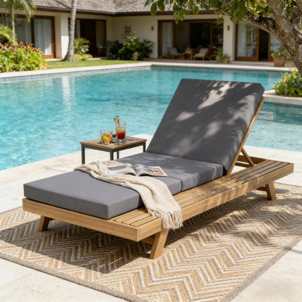 English Elm Lounge Chaise Outdoor Acacia Wood Slatted Frame with Water Resistant Cushion Resort Style Dark Gray,Light Brown N770P442L26G