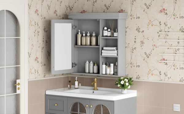 English Elm 30'' Wall Mount Bathroom Cabinet with Mirror Soft Close Door and Adjustable Shelf Gray N710P209425E