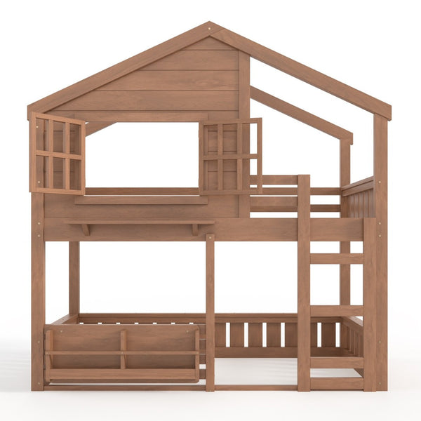 English Elm Full Bunk Bed with Trundle Bookshelf Storage Pine Frame Car Design for Kids W1580S00521