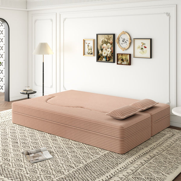 English Elm Modern Full Size Folding Sofa Bed with Plush Corduroy, 2 Pillows, 15" Foam Mattress, No Assembly Required Pink W1885P347085