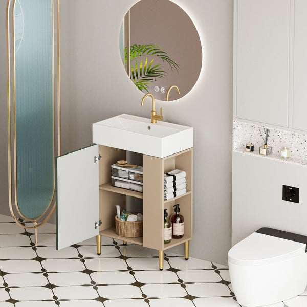 English Elm 21.6" Compact Bathroom Vanity with Ceramic Sink Soft Close Cabinet Open Side Shelf W1920S00190