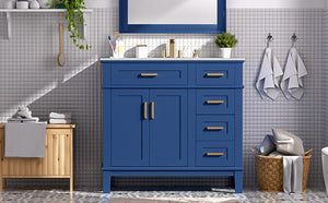 English Elm 36" Blue Modern Bathroom Vanity with Ceramic Sink, Solid Wood+MDF, Soft-Close Doors, 4 Drawers, Compact Elegance for Small Spaces N729P253935C