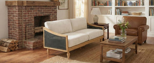 English Elm Mid-century Loveseat with Rattan Armrests Chenille Upholstery and Rubberwood Legs N763P379762Z